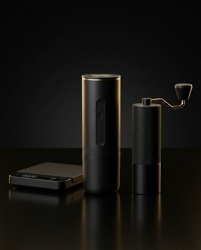 The Umbrali Complete Set — machine, scale, and grinder together